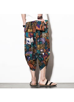 Summer Japanese Plus Size Mens Ethnic Print Linen Capris Dark brown color 5