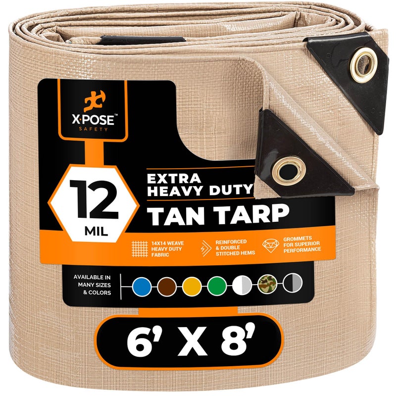 xpose safety Heavy Duty Tan Poly Tarp 6' X 8' - Multipurpose Protective Cover - Durable, Waterproof, Weather Proof, Rip and Tear Resistant - Extra Thick 12 Mil Polyethylene - by Xpose Safety - Image 1