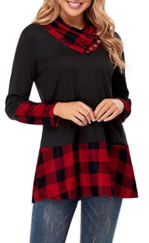 Miusey Tunics for Womens to Wear with Leggings,Female Vintage Black and Red Plaid Shirts Long Sleeve Color Block Clothing Comfy Flow Pleated Dress Tops Cute Christmas Outdoor Red M - Image 2