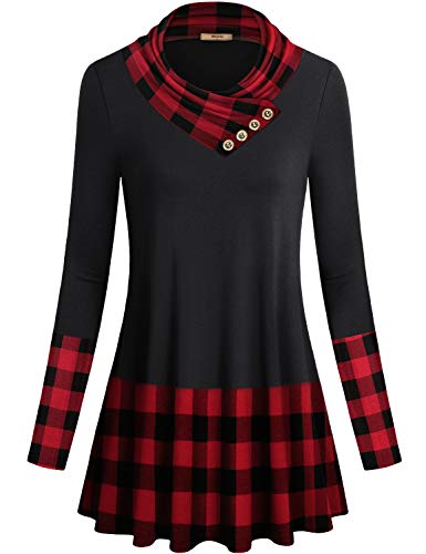 Miusey Tunics for Womens to Wear with Leggings,Female Vintage Black and Red Plaid Shirts Long Sleeve Color Block Clothing Comfy Flow Pleated Dress Tops Cute Christmas Outdoor Red M - Image 1