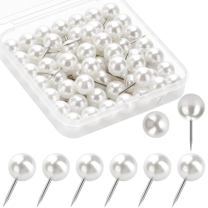 Wteehn 60 Pcs Push Pins, Thumb Tacks for Decorative Wall, Pearl White Thumbtacks for Bulletin Board Corkboard Map Calendar Photo Home Office - Image 1