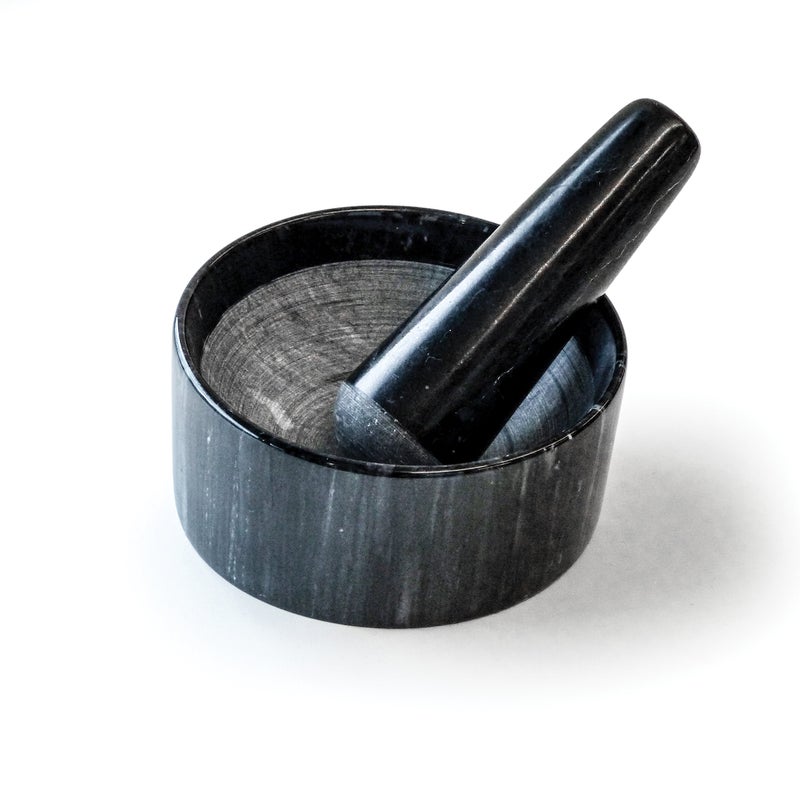 RSVP International Black Marble Mortar  Pestle 6 Ounce  Grind Spices Powder Pesto Mash Herbs Crush Pills  Unique Marble Design