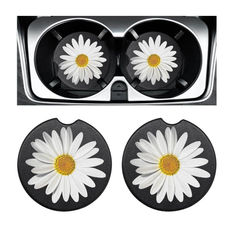 FSTURIOS 2 PCS Car Cupholder Coaster Absorbent Ceramic Coaster Daisy Cup Holder Insert with Finger Notch Cute Spring Blossoms Flower Drink Coasters Vehicle Decor for Women Men - Image 3