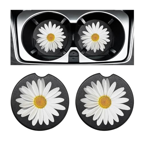 FSTURIOS 2 PCS Car Cupholder Coaster Absorbent Ceramic Coaster Daisy Cup Holder Insert with Finger Notch Cute Spring Blossoms Flower Drink Coasters Vehicle Decor for Women Men - Image 1