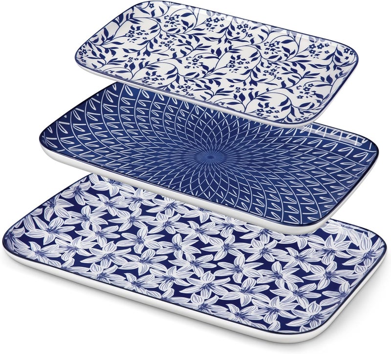 vancasso Serving Platters Set of 3, 16"/14"/12" Inch Rectangular Trays - Serving Platter Extra Large, Ceramic Serving Dish for for Food, Microwave & Dishwasher Safe, Vintage Blue - Image 1
