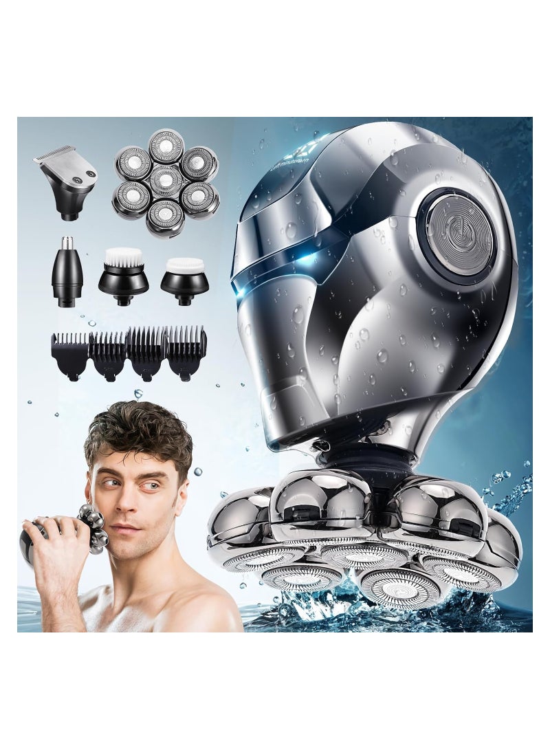SYOSI ماكينة حلاقة الرأس للرجال الصلع، ماكينة حلاقة كهربائية 6 في 1 7D ماكينة حلاقة دوارة قابلة لإعادة الشحن للرجال، ماكينة حلاقة رأس الصلع عالية التقنية مقاومة للماء بالكامل IPX7 مع شاشة LED، حلاقة رطبة/جافة - Image 1