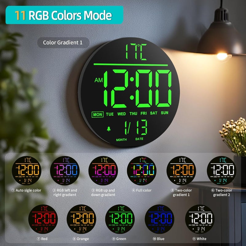 ماكس ستار ساعة حائط رقمية من ماكستار مقاس 10 بوصات مع جهاز تحكم عن بعد، 8 ألوان RGB، شاشة LED كبيرة، سطوع تلقائي، توقيت صيفي، درجة حرارة، منبه - أسود لغرفة المعيشة وغرفة النوم والمطبخ - Image 3