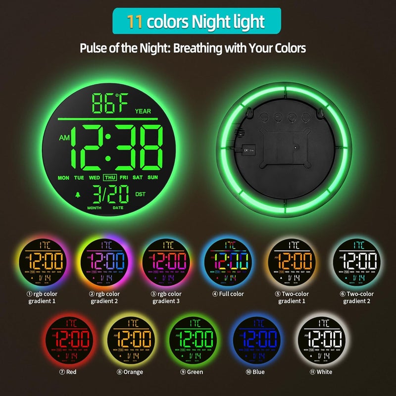 ماكس ستار ساعة حائط رقمية من ماكستار مقاس 10 بوصات مع جهاز تحكم عن بعد، 8 ألوان RGB، شاشة LED كبيرة، سطوع تلقائي، توقيت صيفي، درجة حرارة، منبه - أسود لغرفة المعيشة وغرفة النوم والمطبخ - Image 4