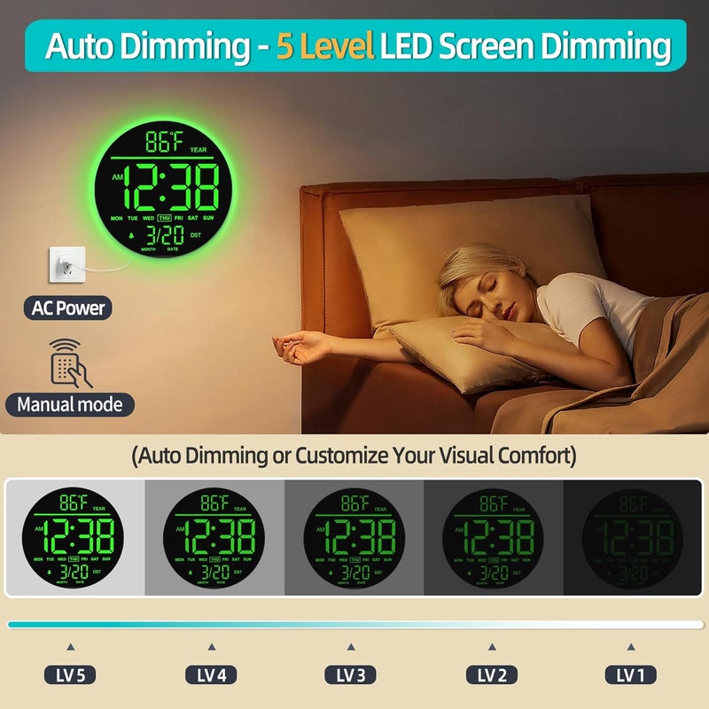 ماكس ستار ساعة حائط رقمية من ماكستار مقاس 10 بوصات مع جهاز تحكم عن بعد، 8 ألوان RGB، شاشة LED كبيرة، سطوع تلقائي، توقيت صيفي، درجة حرارة، منبه - أسود لغرفة المعيشة وغرفة النوم والمطبخ - Image 5