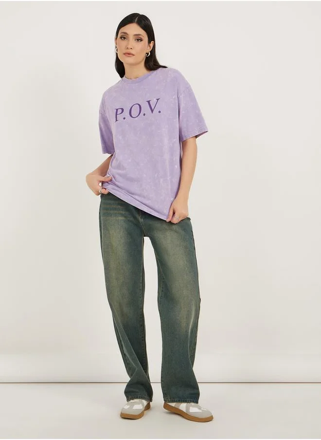 ستايلي Acid Wash Slogan Print Oversized T-Shirt