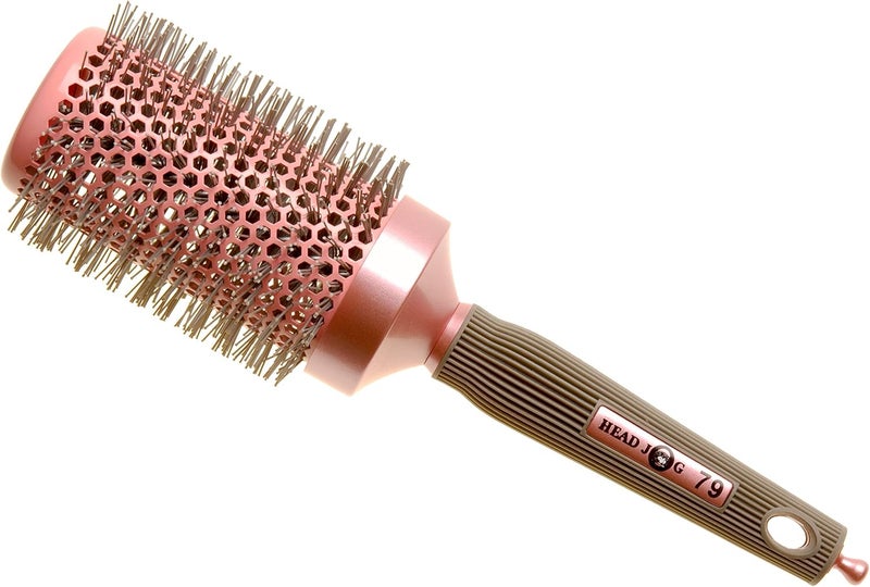 Head Jog 79 Pink Radial Brush Ceramic Coating Barrel with Nylon Bristle Rubber Handle Lightweight Durable Hair Brush for Hairdressing Reduce Frizz for Healthy Looking Hair 50mm