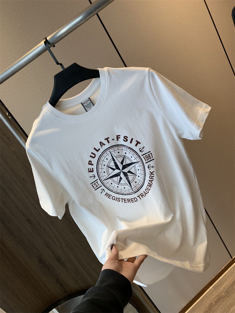 Hong Kong Cargo Company List! Washed And Sanding Cotton Summer Men'S All-Match Printed Short-Sleeved T-Shirt Base Shirt Trendy Brand Z - Image 1