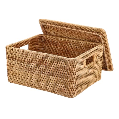 Hipiwe Wicker Storage Bins with Lid Handwoven Rattan Baskets Rectangular Decorative Shelf Baskets Bin with Handles Household Basket Boxes for Home Organizing132L x102W x67H - Image 1