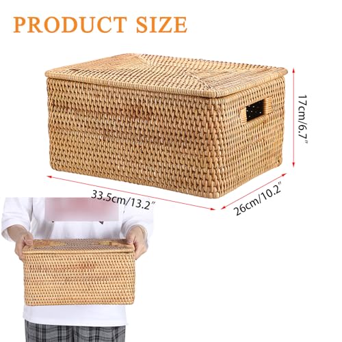 Hipiwe Wicker Storage Bins with Lid Handwoven Rattan Baskets Rectangular Decorative Shelf Baskets Bin with Handles Household Basket Boxes for Home Organizing132L x102W x67H - Image 3