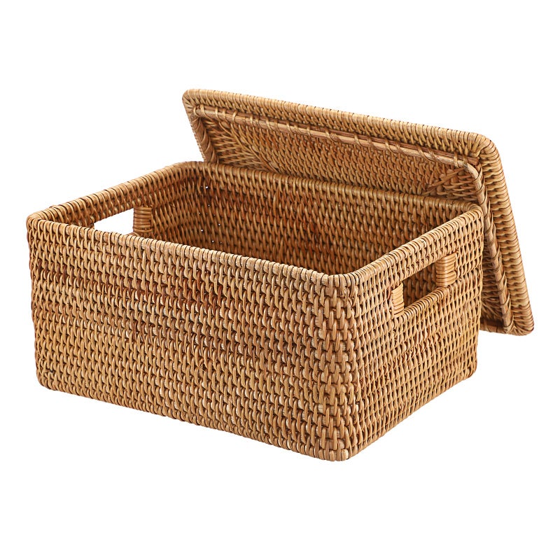 Hipiwe Wicker Storage Bins with Lid Handwoven Rattan Baskets Rectangular Decorative Shelf Baskets Bin with Handles Household Basket Boxes for Home Organizing132L x102W x67H - Image 2