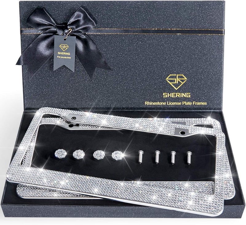 Shering Bling License Plate Frame, 2 Pack License Plate Frame with Premium Gift Box for Women,Rhinestone License Plate Frames with 1200pcs Rhinestones(Sliver Rhinestone) - Image 1