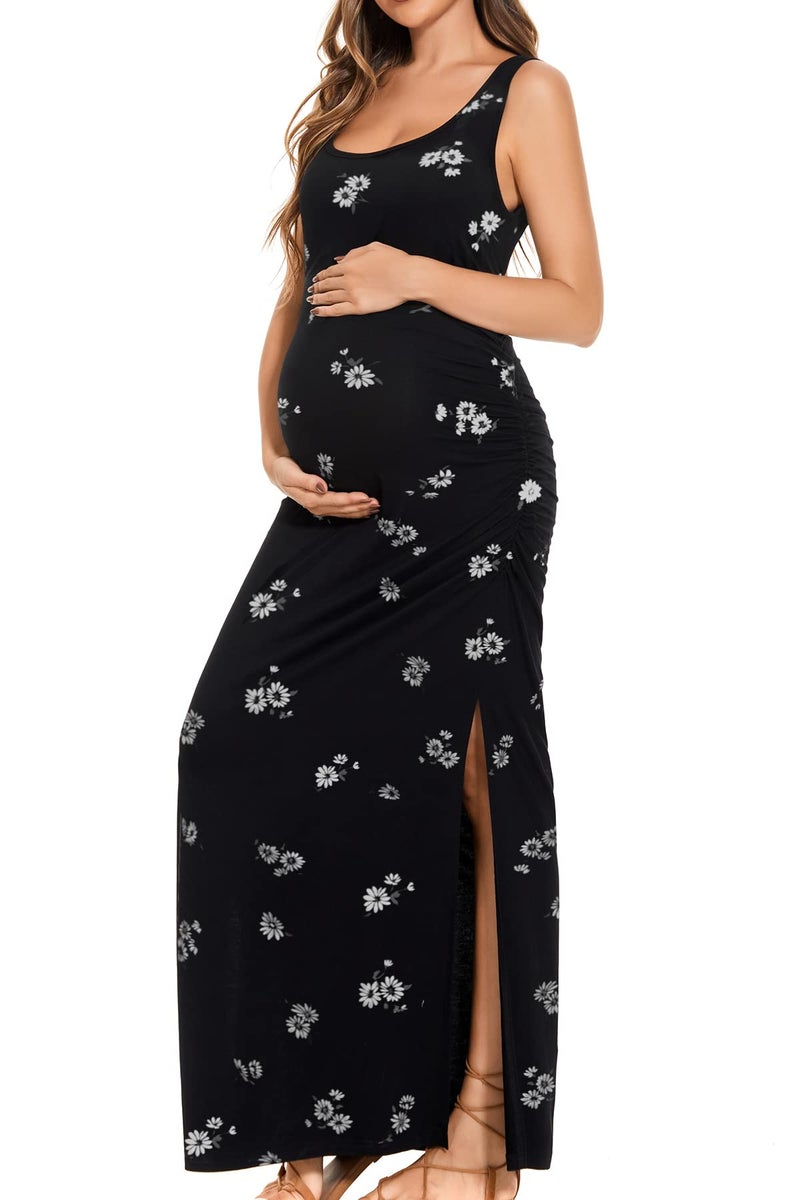 Smallshow Women's Split Long Maternity Dress Sleeveness Ruched Pregnancy Clothes Medium SVP121 - Image 1
