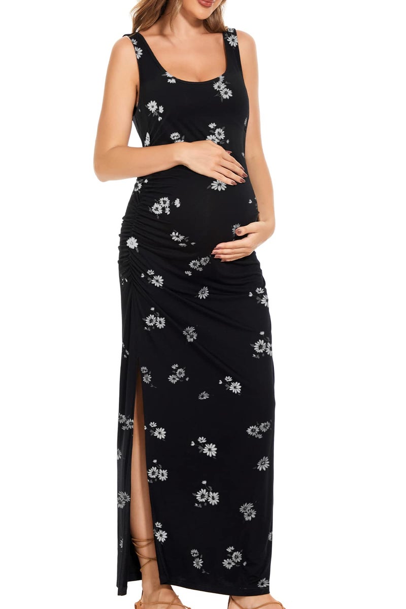 Smallshow Women's Split Long Maternity Dress Sleeveness Ruched Pregnancy Clothes Medium SVP121 - Image 2
