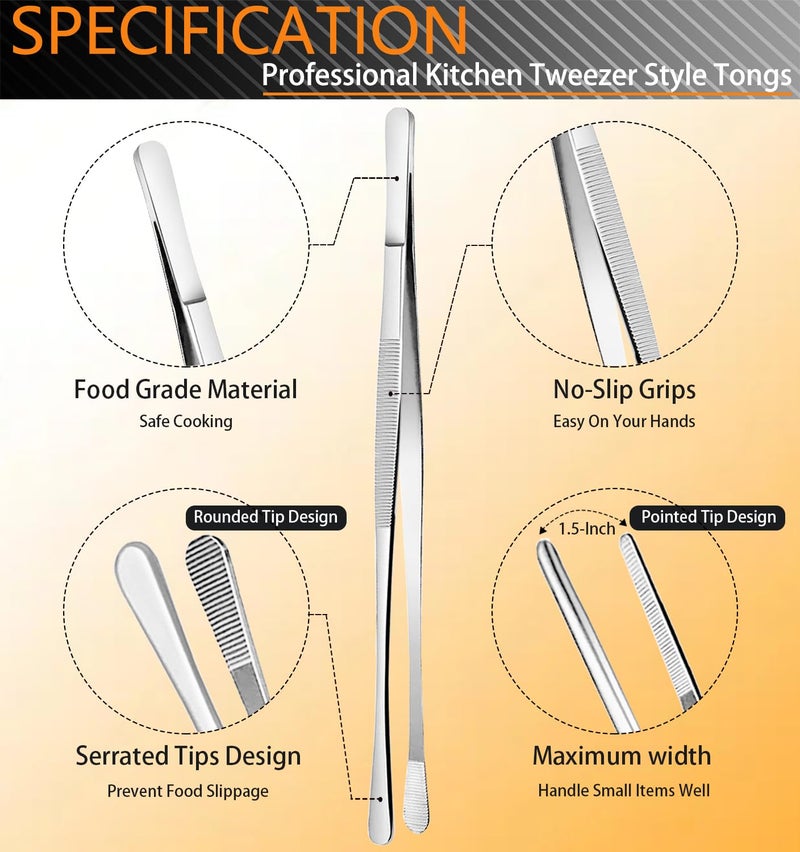 JETKONG 6 Pcs Cooking Tweezer Tongs, 12'' and 6.3" Stainless Steel Kitchen Tweezer Set, Professional Chef Tweezers for Cooking, Repairing, Sea Food, BBQ, Multi-use - Image 2