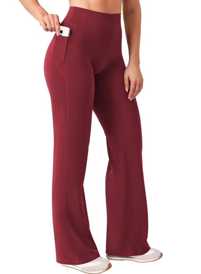 YEOREO Workout Straight Leggings with Pockets for Women No Front Seam High Waist Wide Leg Yoga Pants Buttery Soft -29"/ 31.5", Anchor Red, M - Image 1