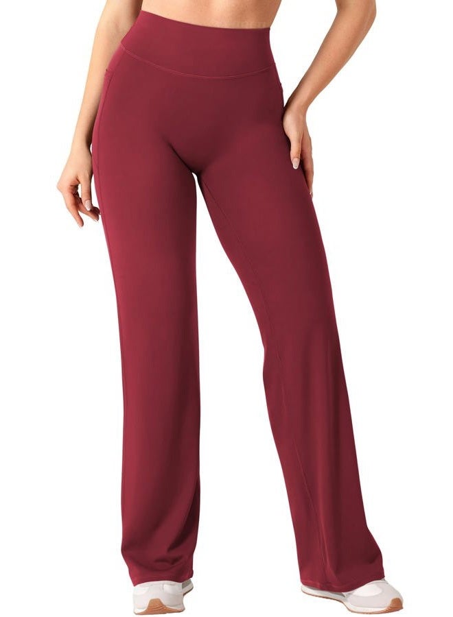YEOREO Workout Straight Leggings with Pockets for Women No Front Seam High Waist Wide Leg Yoga Pants Buttery Soft -29"/ 31.5", Anchor Red, M - Image 2