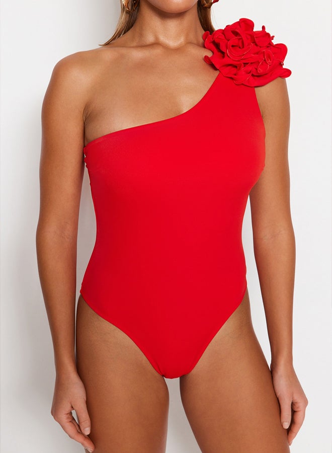 Red One-Shoulder Floral Appliqué Regular Swimsuit