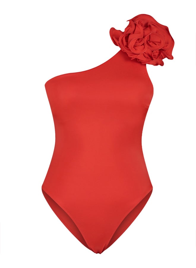 Red One-Shoulder Floral Appliqué Regular Swimsuit