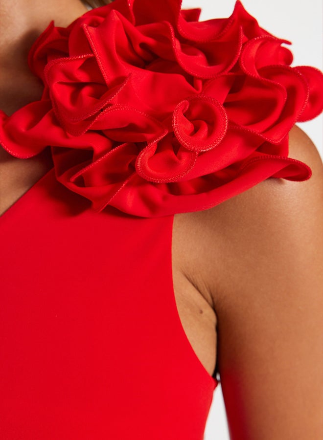 Red One-Shoulder Floral Appliqué Regular Swimsuit