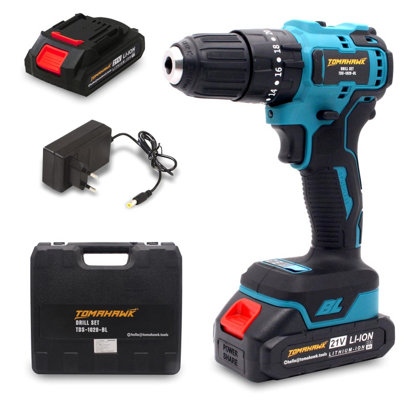 TOMAHAWK® TDS-1020-BL Screwdriver & Drill, Cordless, Set | 21V, 2-Speed, Compact Design, Adjustable Torque, Powerful 300W Motor, LED Indicator, and Complete Accessory Kit for Wood, Metal, and Masonry - Image 5