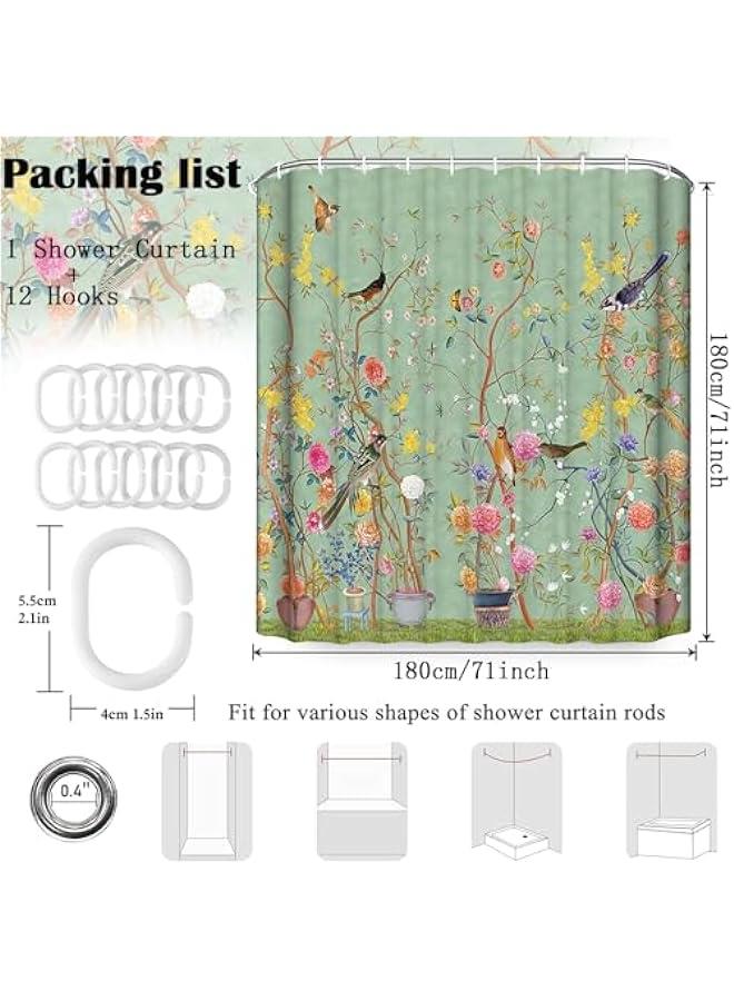Green Mold-Resistant Bird Floral Shower Curtain with 12 Hooks - Waterproof, Quick-Drying, Weighted - 180x180cm (71x71 Inch) Polyester Curtain for Bathroom - Image 4