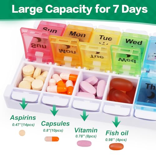 Shintop Am Pm Pill Organizer 7 Day, Push Button Weekly Pill Box 2 Times a Day Easy Fill Pill Holder Day Night Vitamin Case for Medications Fish Oil Supplements (Rainbow) - Image 5