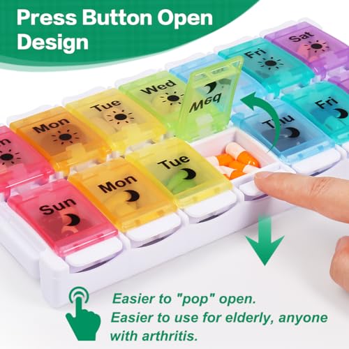 Shintop Am Pm Pill Organizer 7 Day, Push Button Weekly Pill Box 2 Times a Day Easy Fill Pill Holder Day Night Vitamin Case for Medications Fish Oil Supplements (Rainbow) - Image 3