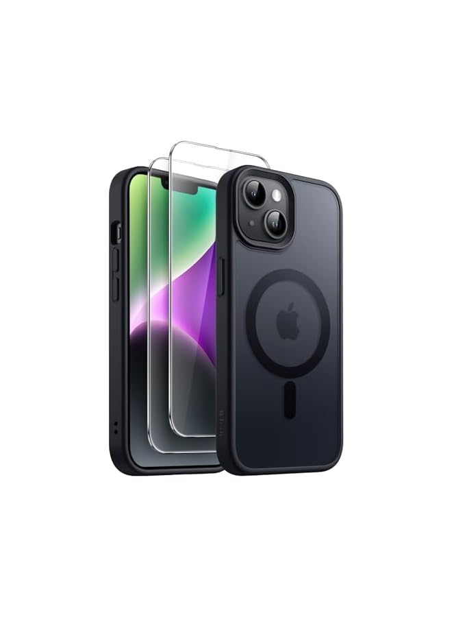 JETech 3 in 1 Magnetic Case for iPhone 14 Plus 6.7-Inch with 2 Pack Tempered Glass Screen Protectors, Compatible with MagSafe, Translucent Matte Back Shockproof Phone Cover (Black) - Image 1