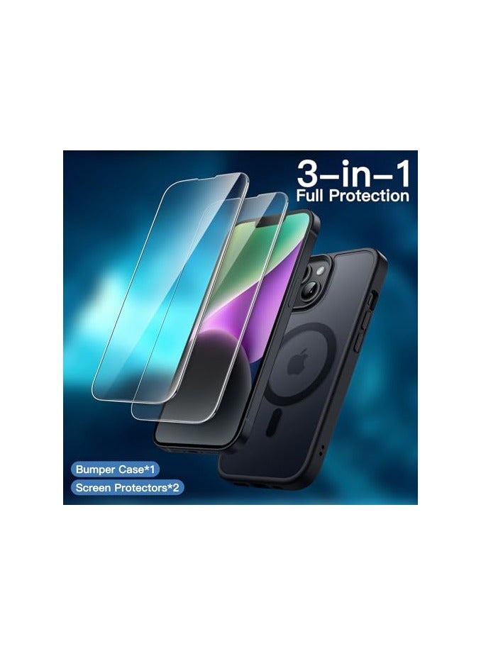 JETech 3 in 1 Magnetic Case for iPhone 14 Plus 6.7-Inch with 2 Pack Tempered Glass Screen Protectors, Compatible with MagSafe, Translucent Matte Back Shockproof Phone Cover (Black) - Image 2