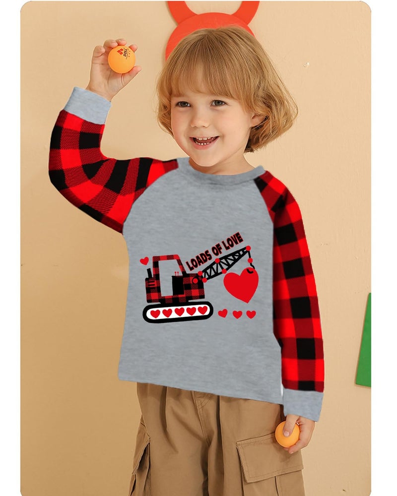 CM-Kid Valentine's Clothes for Toddler Boy Girl Heart Crane Truck Buffalo Red Plaid Shirt Heart Kids Raglan Sleeve Tee Tops 5T - Image 2