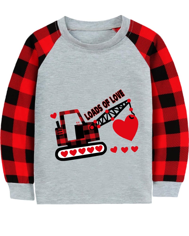 CM-Kid Valentine's Clothes for Toddler Boy Girl Heart Crane Truck Buffalo Red Plaid Shirt Heart Kids Raglan Sleeve Tee Tops 5T - Image 1