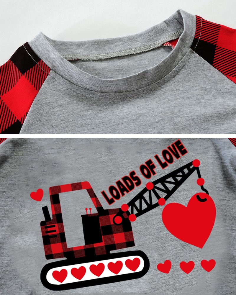 CM-Kid Valentine's Clothes for Toddler Boy Girl Heart Crane Truck Buffalo Red Plaid Shirt Heart Kids Raglan Sleeve Tee Tops 5T - Image 5