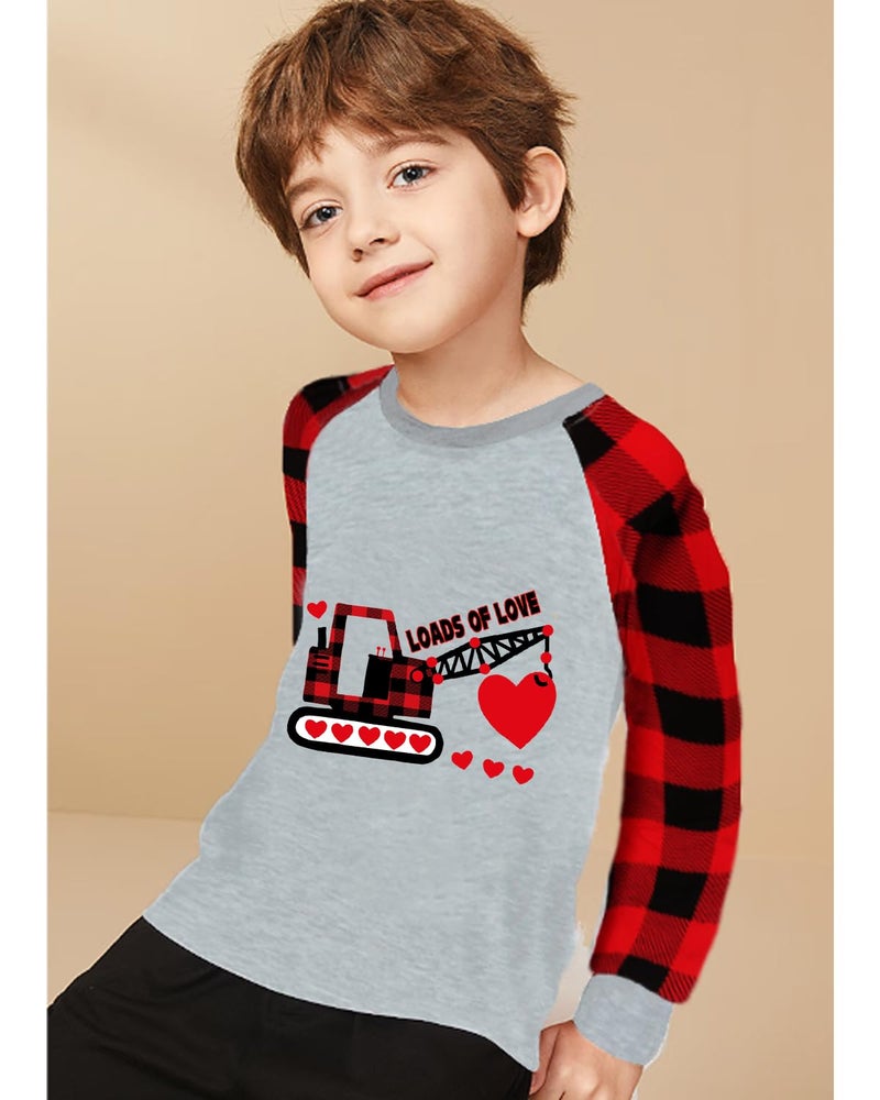 CM-Kid Valentine's Clothes for Toddler Boy Girl Heart Crane Truck Buffalo Red Plaid Shirt Heart Kids Raglan Sleeve Tee Tops 5T - Image 4