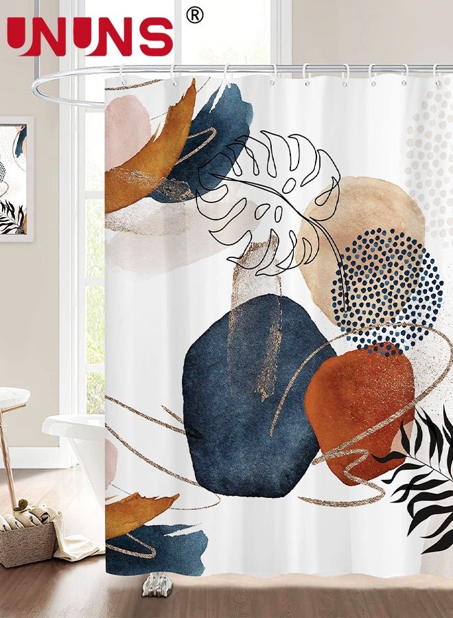 UNUNS ستارة حمام بوهو، مجردة في منتصف القرن ملونة وحديثة بأوراق هندسية نباتية، ستارة حمام أنيقة محايدة مقاومة للماء مع قماش خطاف، 180 × 180 سم - Image 1