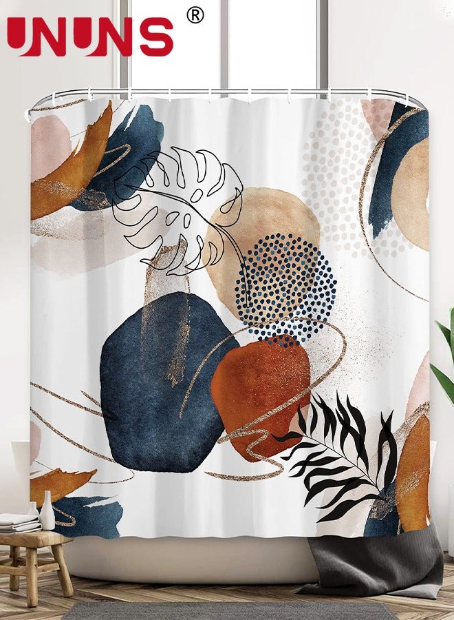 UNUNS ستارة حمام بوهو، مجردة في منتصف القرن ملونة وحديثة بأوراق هندسية نباتية، ستارة حمام أنيقة محايدة مقاومة للماء مع قماش خطاف، 180 × 180 سم - Image 2