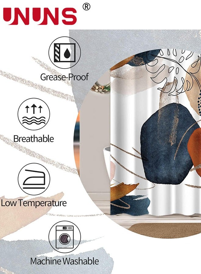 UNUNS ستارة حمام بوهو، مجردة في منتصف القرن ملونة وحديثة بأوراق هندسية نباتية، ستارة حمام أنيقة محايدة مقاومة للماء مع قماش خطاف، 180 × 180 سم - Image 3