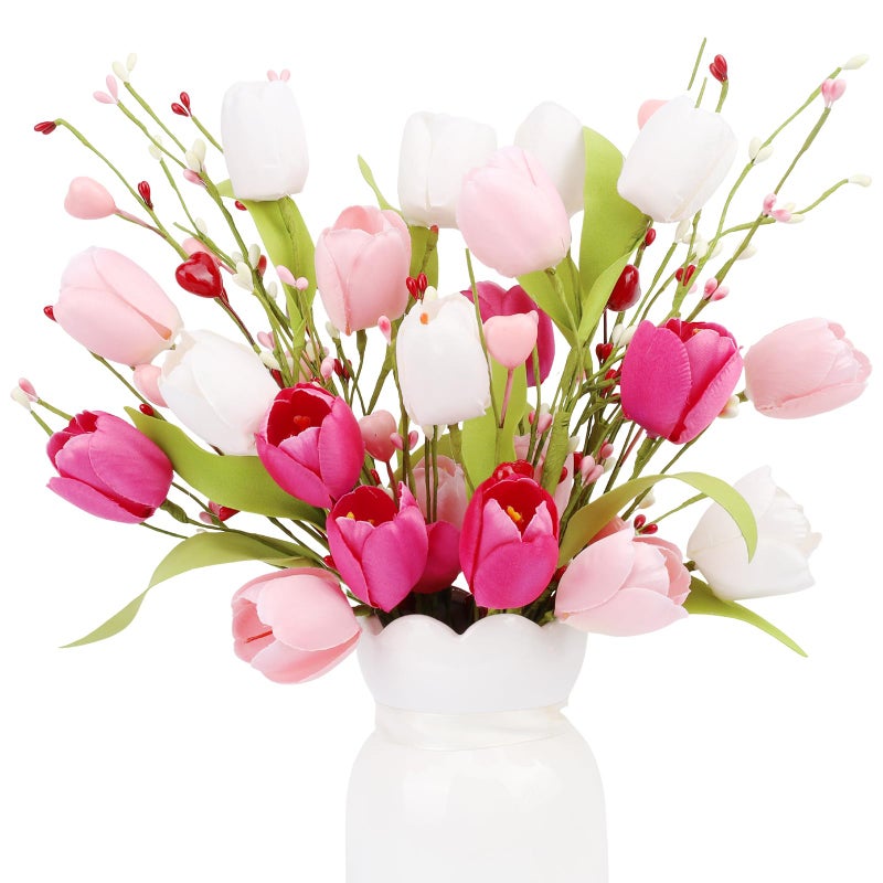 Wootkey 4Pcs Artificial Tulips Twigs Valentineâ€™s Day Decorations Pink Tulip Berry Stems for Mother's Day Easter Day Anniversary Flower Bouquets Wedding Home Decor - Image 1