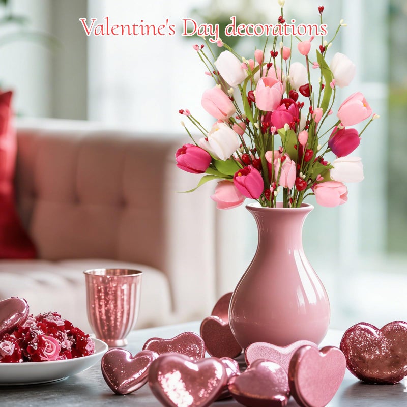 Wootkey 4Pcs Artificial Tulips Twigs Valentineâ€™s Day Decorations Pink Tulip Berry Stems for Mother's Day Easter Day Anniversary Flower Bouquets Wedding Home Decor - Image 5