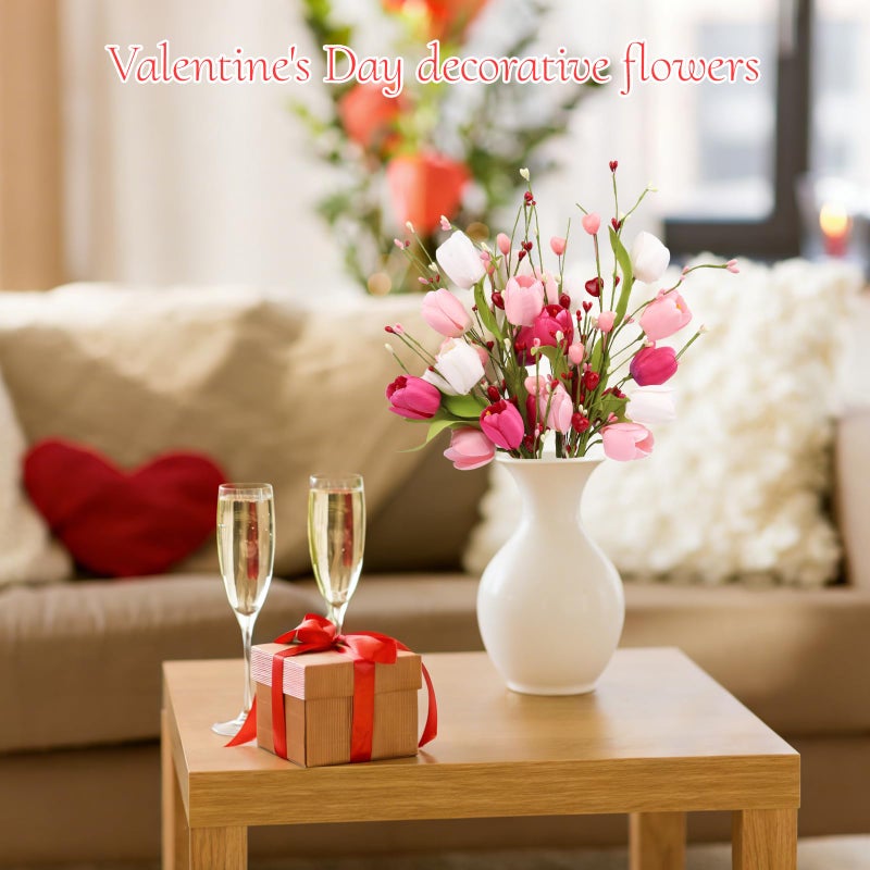 Wootkey 4Pcs Artificial Tulips Twigs Valentineâ€™s Day Decorations Pink Tulip Berry Stems for Mother's Day Easter Day Anniversary Flower Bouquets Wedding Home Decor - Image 4