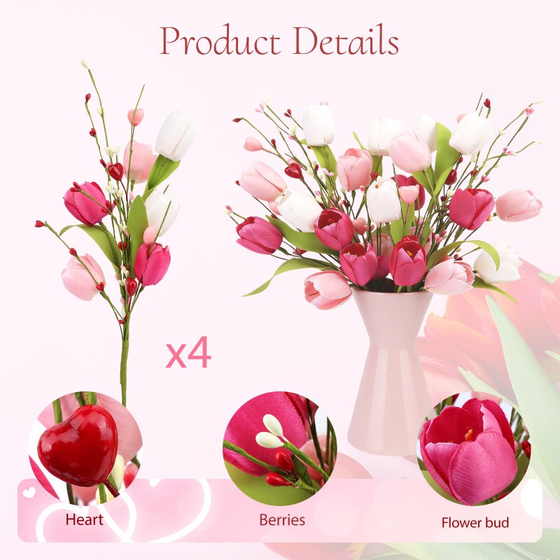 Wootkey 4Pcs Artificial Tulips Twigs Valentineâ€™s Day Decorations Pink Tulip Berry Stems for Mother's Day Easter Day Anniversary Flower Bouquets Wedding Home Decor - Image 3