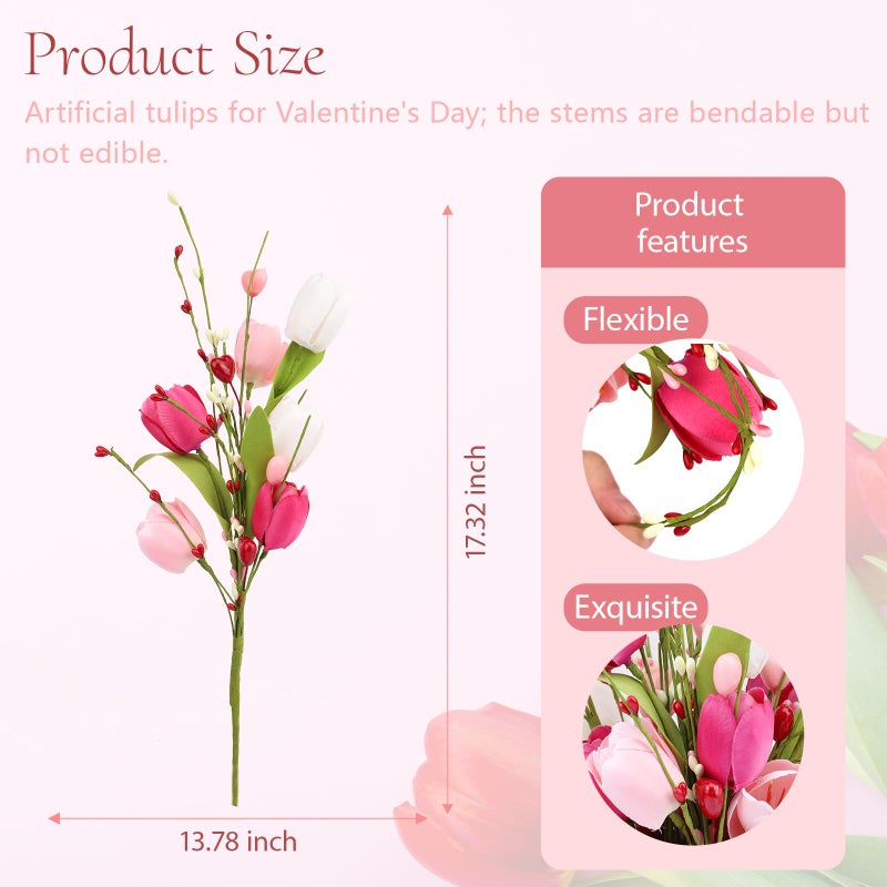 Wootkey 4Pcs Artificial Tulips Twigs Valentineâ€™s Day Decorations Pink Tulip Berry Stems for Mother's Day Easter Day Anniversary Flower Bouquets Wedding Home Decor - Image 2