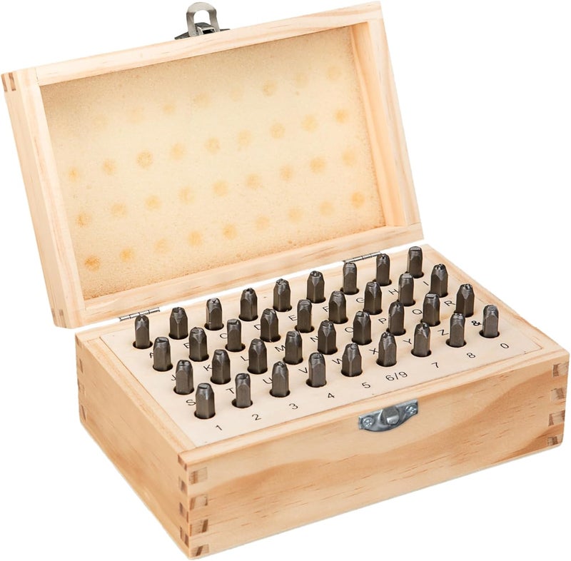 HimaPro Letter and Number Stamp Set 36pcs 40Cr Alloy Steel Metal Stamp Number & Letter Punch Set in a Wooden case (3mm 1/8 Inch) - Image 1