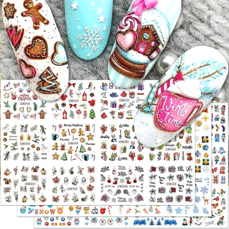 Dornail 3 Sheets Christmas Nail Stickers Winter Christmas Nail Decals Cartoon Elk Penguin Snowman Snowflake Nail Art Stickers 3D Water Transfer Stickers for Women Nail Accessories Nail Supplies