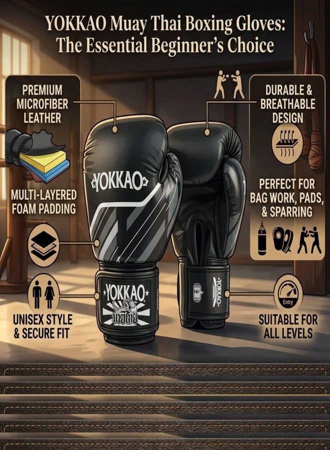 Yokkao Muay Thai Boxing Gloves - Essential Gloves for Beginners Men & Women Microfiber Leather Multi-Layered Foam Padding & Secure Fit (Essential Black, 8oz) - Image 5