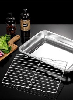 Cady One Stainless Steel Baking Sheet And Drain Tray, Barbecue Grilling Tray With Cooling Rack, Oil Drain And Vegetable Preparation Tray, Roasting Tin Pan with Grill Rack Set,Oven Tray Set of 2 Pieces for Bread and Pizza Non-stick Baking Pan, Non-toxic, Durable and Easy to Clean Baking Tray Oven Deep Rectangular Aluminum Baking Tray Silver 45cm×35cm×4.8cm  - Image 1